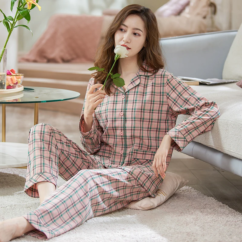 

Пижама женская тканая из хлопка, комплект из 2 предметов, одежда для сна для отдыха, клетчатая Осенняя рубашка, домашняя одежда, пижама из чистого хлопка