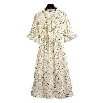 

Plus Size Dresses For Women 4xl 5xl 6xl Casual Small Flowers Bow Collar Elastic Waist Loose Women's Clothing Floral Print