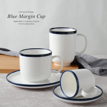 

Nordic Simple Coffee Mug Porcelain Blue Rim Porcelain Cup Saucer White Home Milk Mugs Kubek Do Kawy Retro Utensil Cups AC50BD