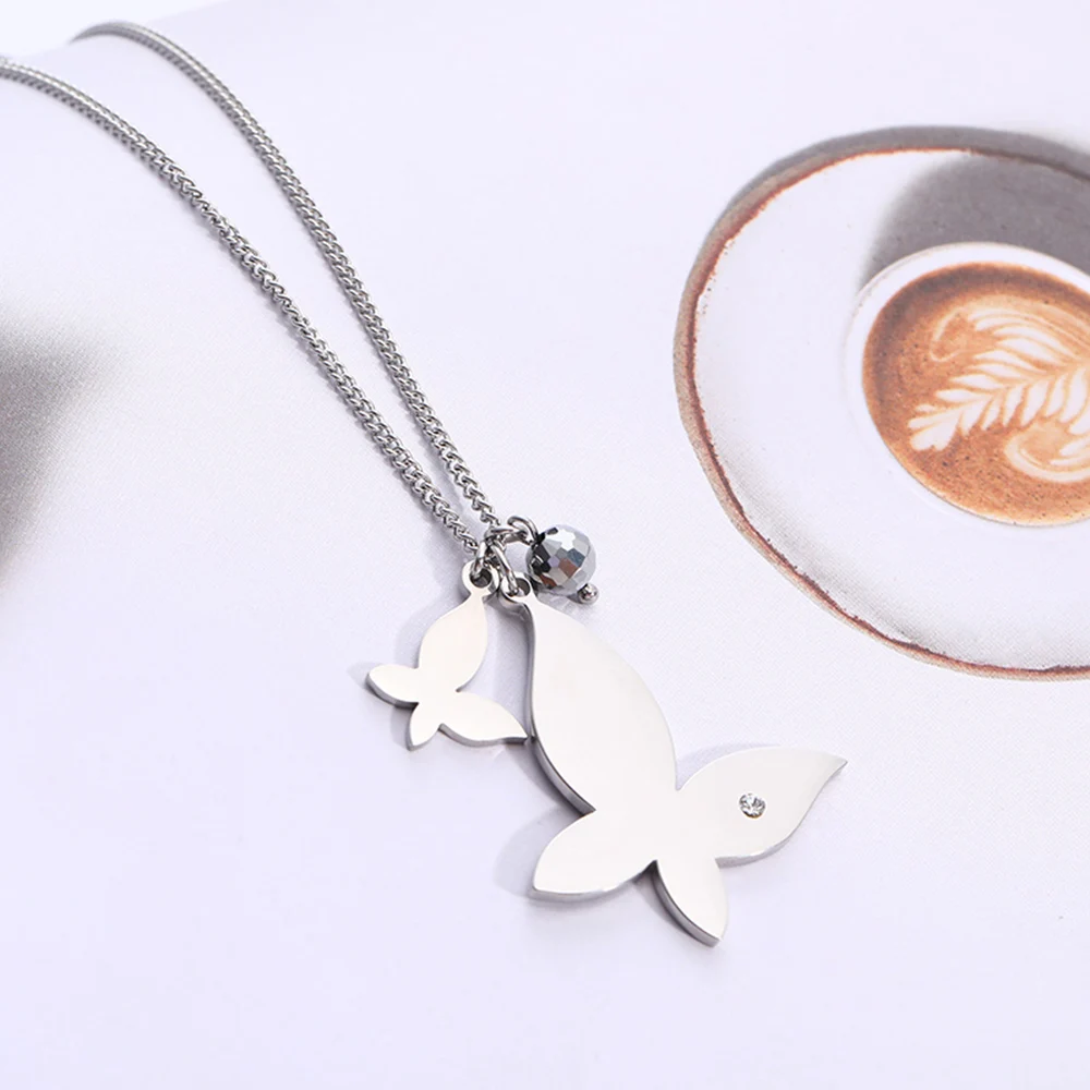 

New Cute Animal Double Butterfly Charms Stainless Steel Pendants Necklaces Women Jewelry Statement Rhinestone Chain Wholesale