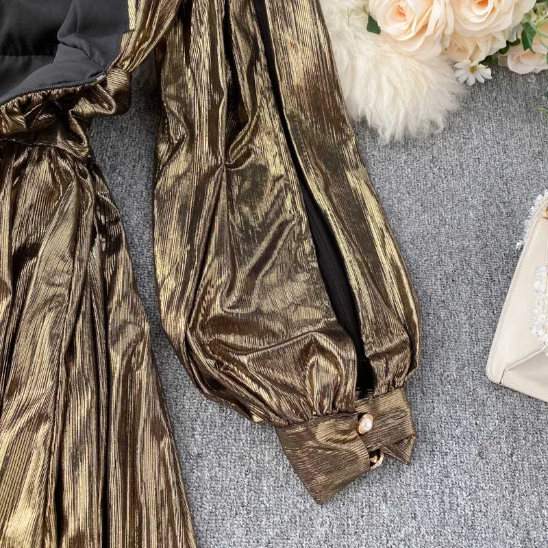 NiceMix Европейское подиумное платье для женщин, высокое качество, винтажное Золотое Платье с v-образным вырезом и длинным рукавом-фонариком, осеннее плиссированное платье