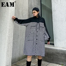 [EAM] женское черное клетчатое платье с разрезом большого размера, свитер, платье, новинка, с капюшоном, с длинным рукавом, свободный крой, мода, весна-осень, 1M638