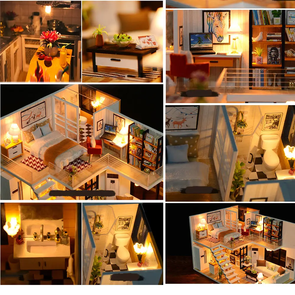 Музыка несколько стилей DIY кабина ремесло кукольный домик ручной работы Лофт квартиры рождественские светодиодные лампы деревянная миниатюрная мебель собрать
