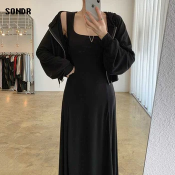 

Korean Fashion Female Suit Fall 2020 Vintage Hooded Zipper Short Jacket + One-Piece Square Neck Sleeveless Vest Dress Long Dress