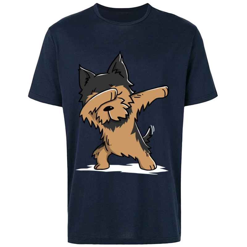 Funny_Yorkshire_Terrier_Dabbing_2296 Round Neck T-Shirt Mother Day Hip hop T Shirt Short Sleeve Funky 100% Cotton T-shirts Men's Funny_Yorkshire_Terrier_Dabbing_2296 navy