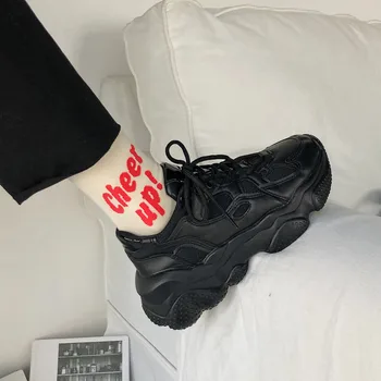 

Korean Simple Design Solid Chunky Sneakers Women Black Color Casual Joker Platform Sneakers Breathable Comfortable Tenis Sneaker