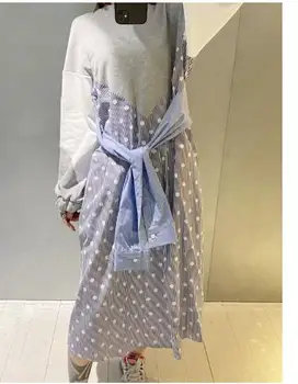 

Women's Patchwork Dot Striped Midi Dress O-neck Long Sleeve Long Dress with Sashe