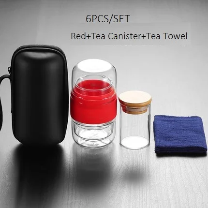 Портативный стеклянный чайный набор для путешествий, фильтр для чайной чашки, набор для деловой поездки, деловой подарок, здоровый стеклянный открытый чайный набор - Цвет: RED 6PCS