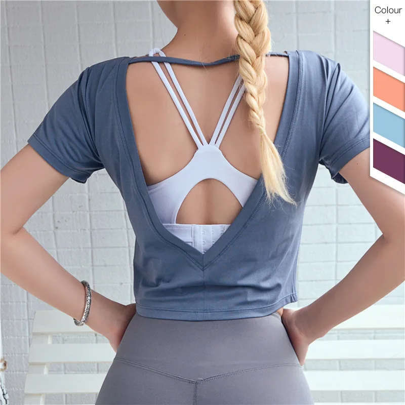 INS с глубоким v-образным вырезом, футболка для фитнеса с открытой спиной, женская модная быстросохнущая футболка с короткими рукавами для йоги, спортивные топы для спортзала, для женщин