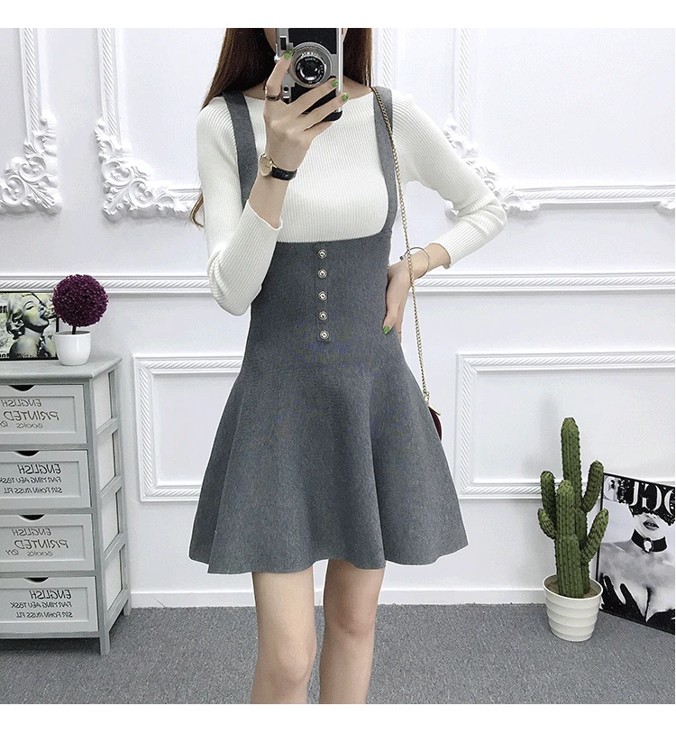 Корейский элегантный свитер платье-жилет мини женское винного цвета свободные вязаные платья осенние женские повседневные трапециевидные платья - Цвет: Vest skirt Gray