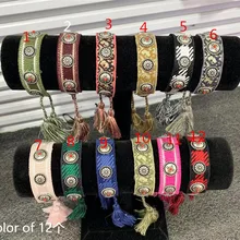 Модный тканевый браслет для женщин, хлопковый ювелирный браслет с заклепками, вышитый тканый браслет дружбы с кисточками на шнуровке