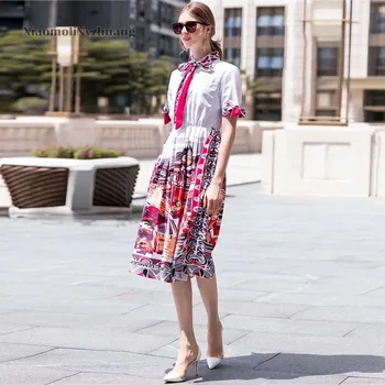 

Xiaomoli Printed bow neck sleeve pleated A-line dress 2020 summer new women's fashion