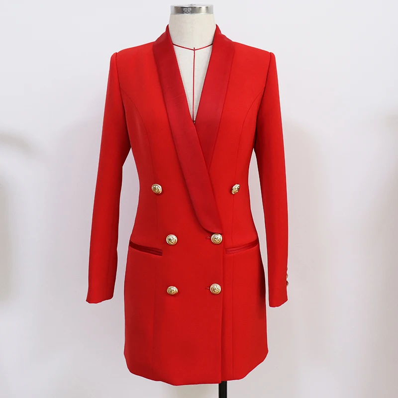 

High Quality Nice Newest Designer Blazer Dress Women's Double Breasted Lion Buttons Notched Collar Dress