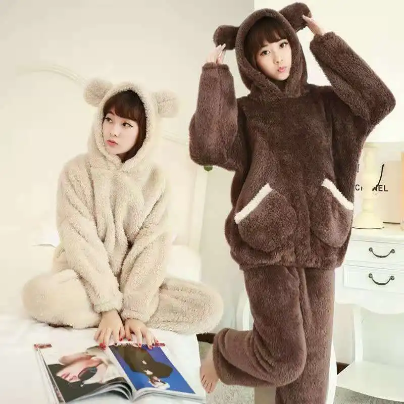 Thick Clothing Set Kartoon Kawaii Sleepwer 2021 Winter Women's Pajamas Coral Fleece Warm Woman 2 Pieces Hooded Trouser Suits | Женская
