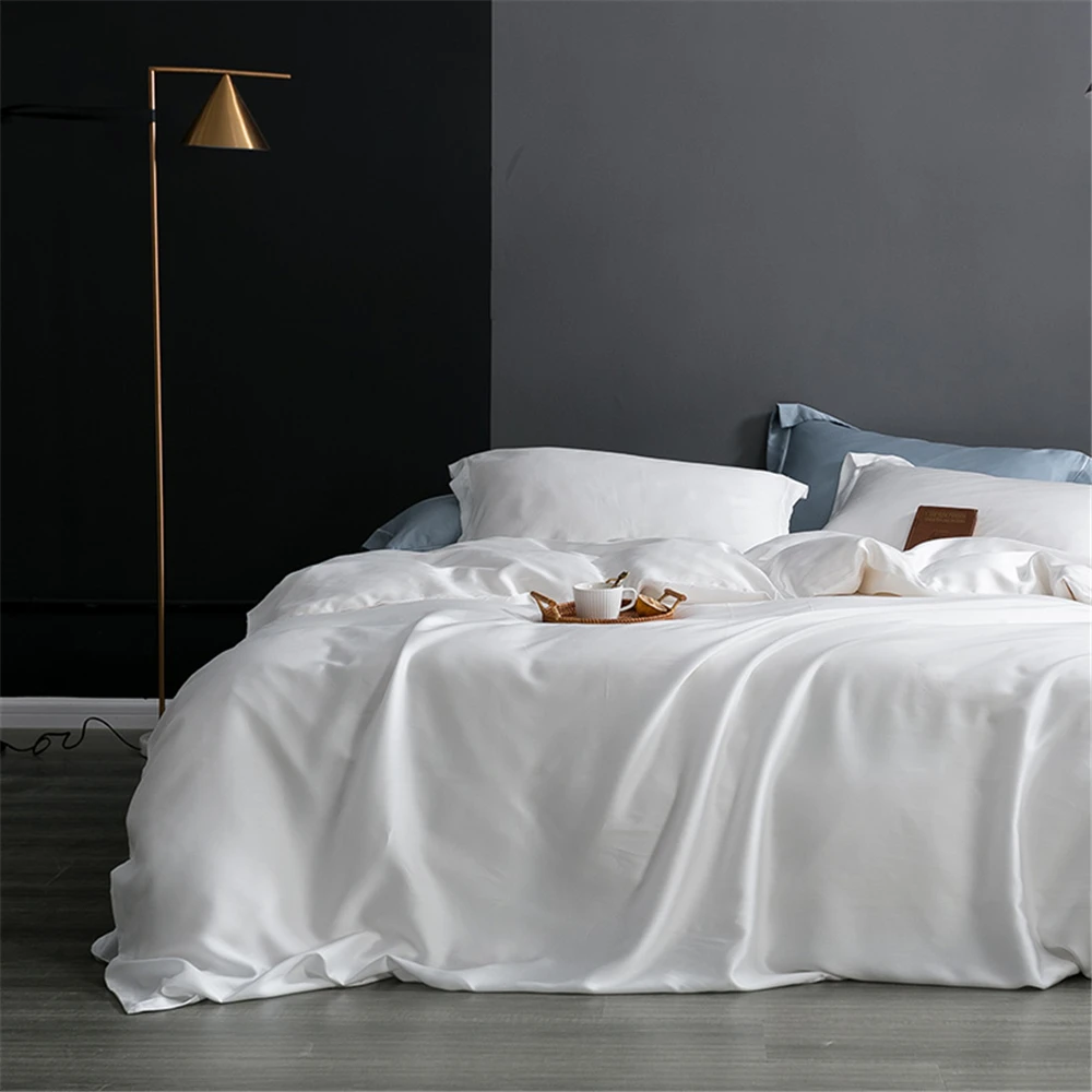 

J Silk J Luxury White 100% Silk Bedding Set Top Grade Silk Beauty Quilt Cover Set Queen King Bed Sheet Fitted Sheet Pillowcase