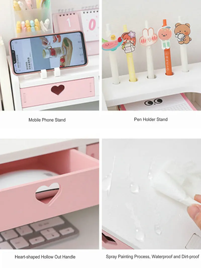 Fashion Pink Monitor Stand With Drawer Girl's Desk Organizer Set Multifunction Desktop Shelf Monitor Riser Stand