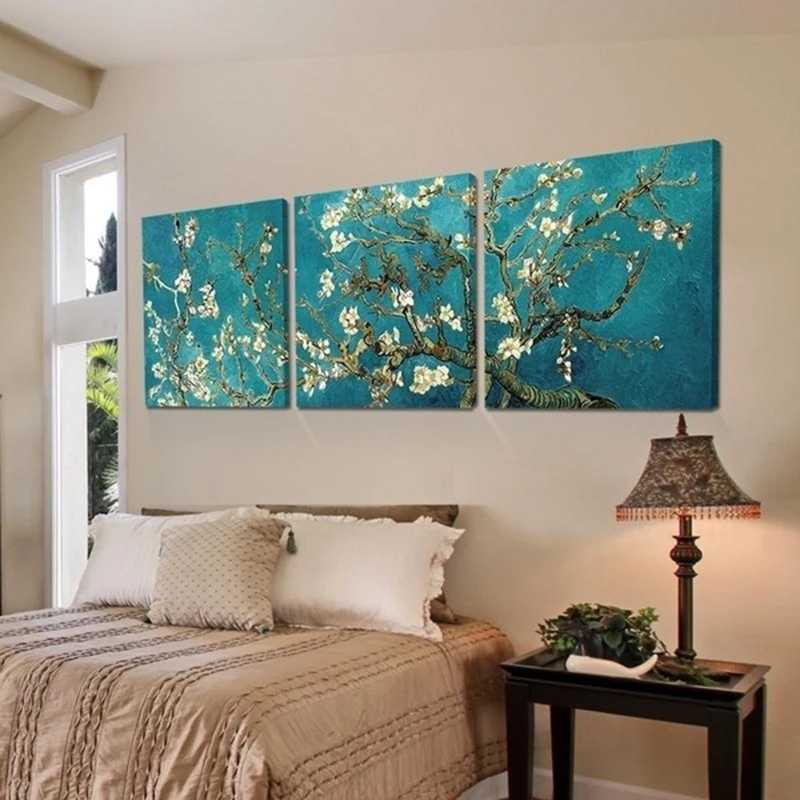 

3 Panels Van Gogh Life Lucky Tree Poster Painting Abstract Oil Tree Canvas Art Painting Apricot Flower Blooming Wall Pictures