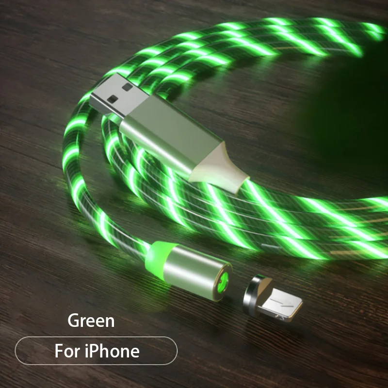 Световой поток 1 м Магнитный зарядный кабель для мобильного телефона usb type C кабель для передачи данных для iphone 7 Samaung huawei светодиодный Micro Kable - Цвет: green for iPhone