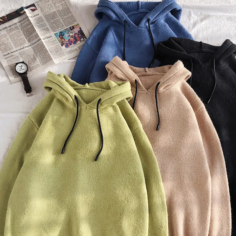 Autumn Hooded Sweater Men Fashion Solid Color Casual Knit Sweaters Man Streetwear Wild Loose Pullover Men Sweter Male Clothes Autumn Hooded Sweater Men Fashion Solid Color Casual Knit Sweaters Man Streetwear Wild Loose Pullover Men Sweter Male Clothes