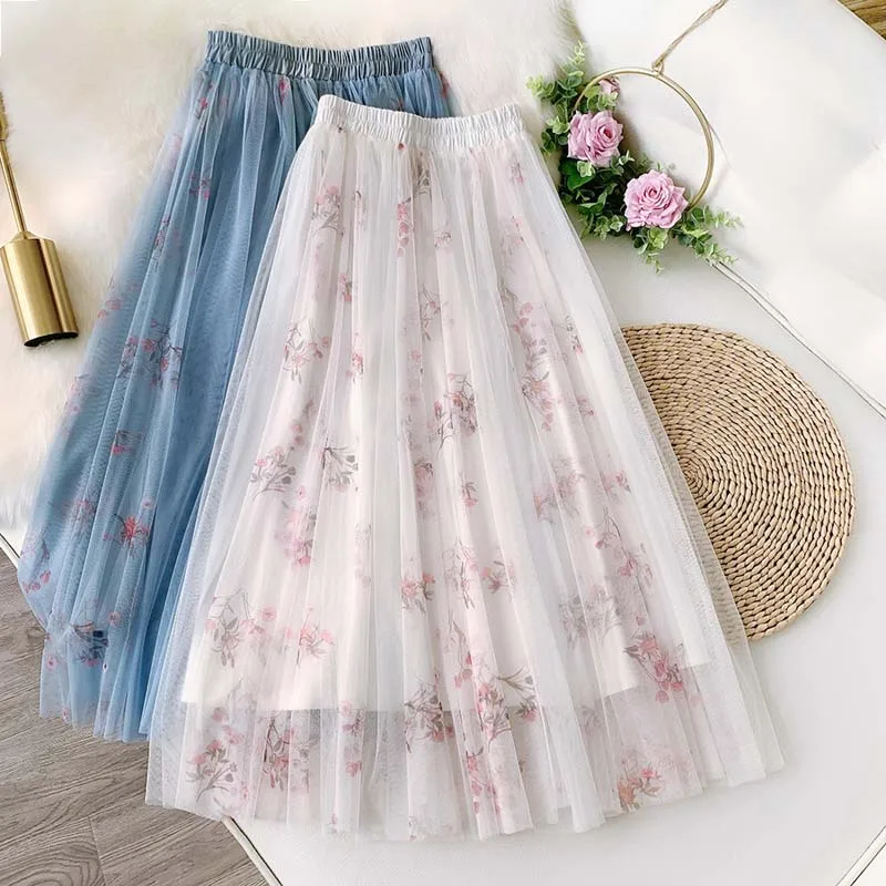 

Wasteheart Autumn New White Blue Women Skirts Mesh High Waist Pleated Ankle Length Long Skirt Ball Gown Clothing A-Line