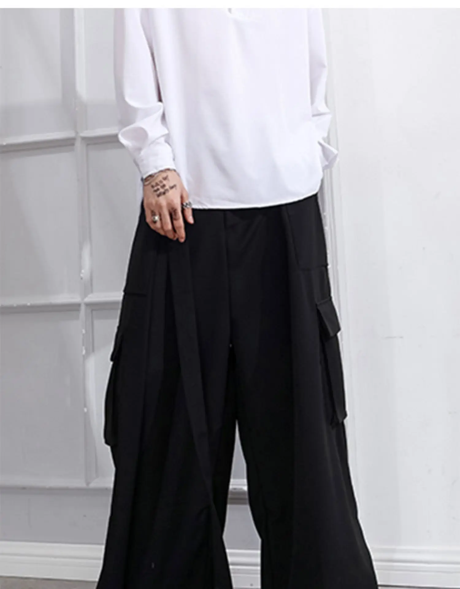 Men's pants Autumn winter belt loose bell-bottom cargo pants culottes for men casual pants large size black youth Yamamoto style