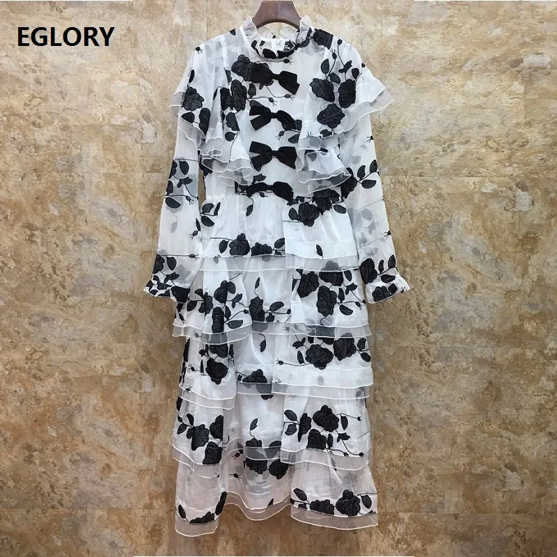 

Top Quality Dress New 2019 Autumn Celebrity Party Women Exquisite Embroidery Cascading Ruffle Long Sleeve White Rose Red Dress