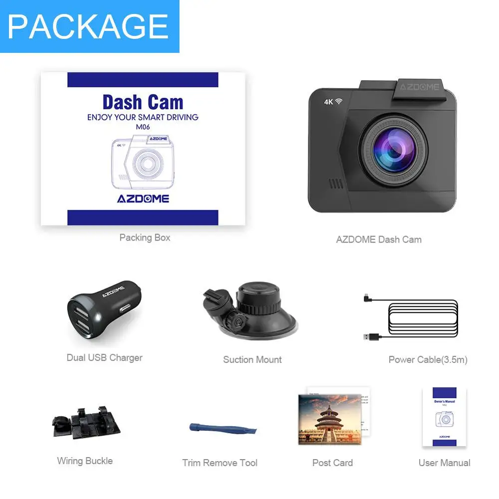 AZDOME 4K/2880*2160P Dash Cam WiFi Car DVRs Recorder M06 Dual Lens Vehicle Rear Camera Built in GPS WDR Night Vision Dashcam