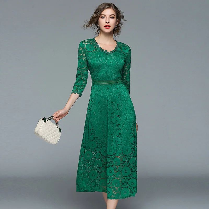 

Green Lace Dress Women Midi 2019 New Autumn Long Sleeve V-Neck Hollow Out Print Dresses High Quality Runway Vintage Elegant Slim
