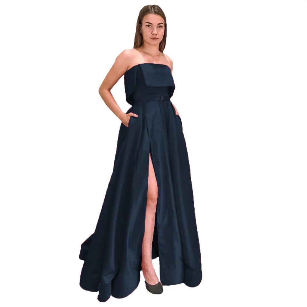 Navy Blue HONGFUYU/красные атласные вечерние платья без бретелек, а-силуэт, вечерние платья с разрезными карманами, халат De Soiree, длина до пола, платье для выпускного вечера - Цвет: Navy Blue
