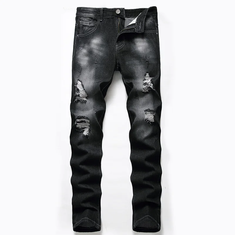 

New winter black jeans male cross-border big yards men's jeans in Europe and the hole in jeans