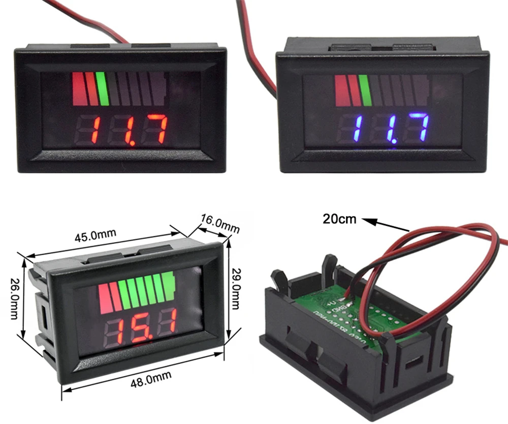 Battery Tester Digital Voltmeter Car Digital Gauge 0.56Inch Red Blue LCD Digital Voltmeter 12V 60V 72V Battery Capacity Indicator Lead Acid Power Car Motorcycle Voltage Tester