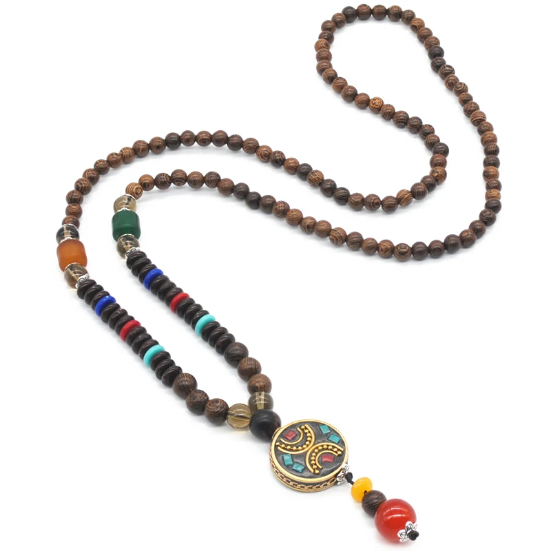 #*Cheap Handmade Ethnic Style Wooden Beads Sweater Chain Nepal Beads Accessories Literary Necklace Round Pendant
