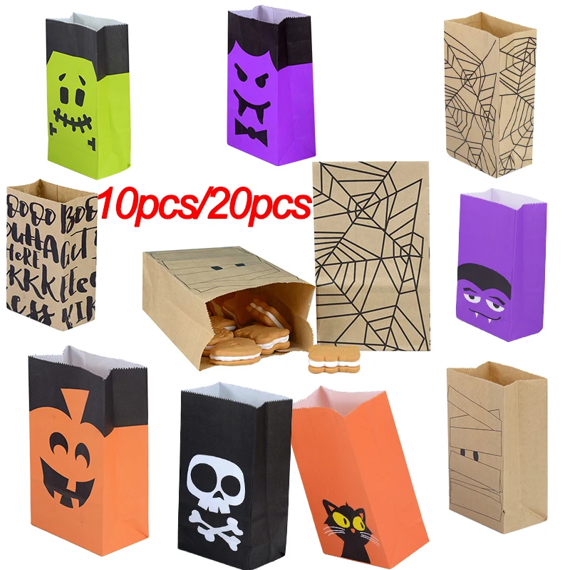 10/20pcs Halloween Candy Bag Kraft Paper Bag Gift Takeaway Candy Cookie Bread Bag For Biscuits Snack Baking Package Supplies