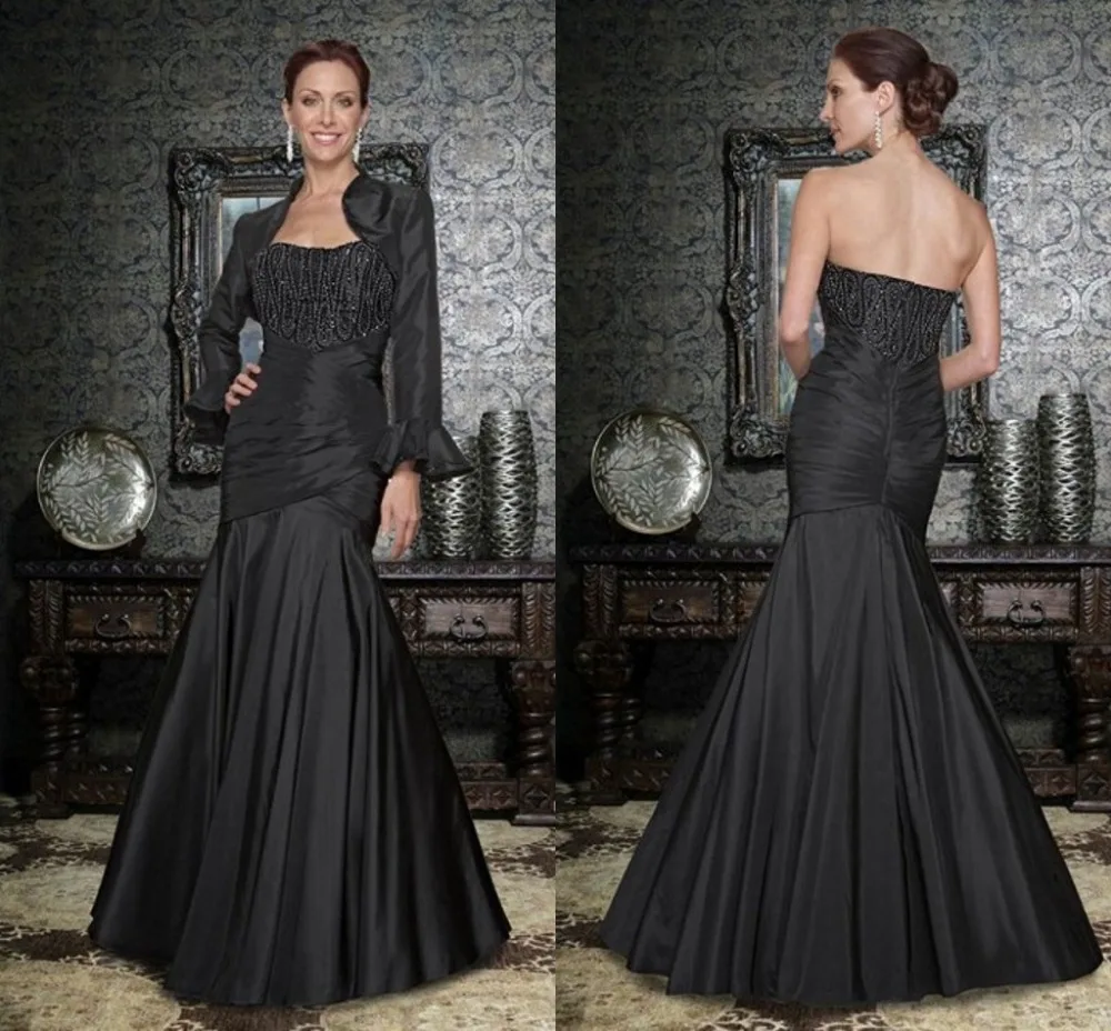 Hot Selling Lange Black Taffeta Moeder Van De Bruid Jurken Met Lange Mouwen 2016 Lange Mermaid Avond Formele Jurk Met jas Hot Selling Lange Black Taffeta Moeder Van De Bruid Jurken Met Lange Mouwen 2016 Lange Mermaid Avond Formele Jurk Met jas