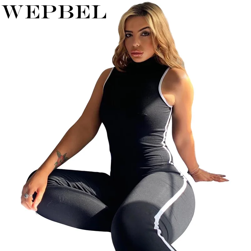 

WEPBEL Women's Casual Sleeveless O-Neck High Waist Sports Jumpsuit Summer Fashion Stitching Striped Skinny Jumpsuit