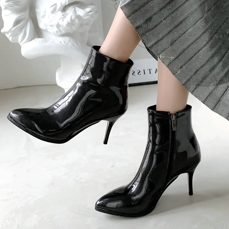

Women High Heel Boots Fashion Patent Leather Ankle Boots Autumn Winter Pointed Toe Zipper Boots Woman Shoes 2019 New
