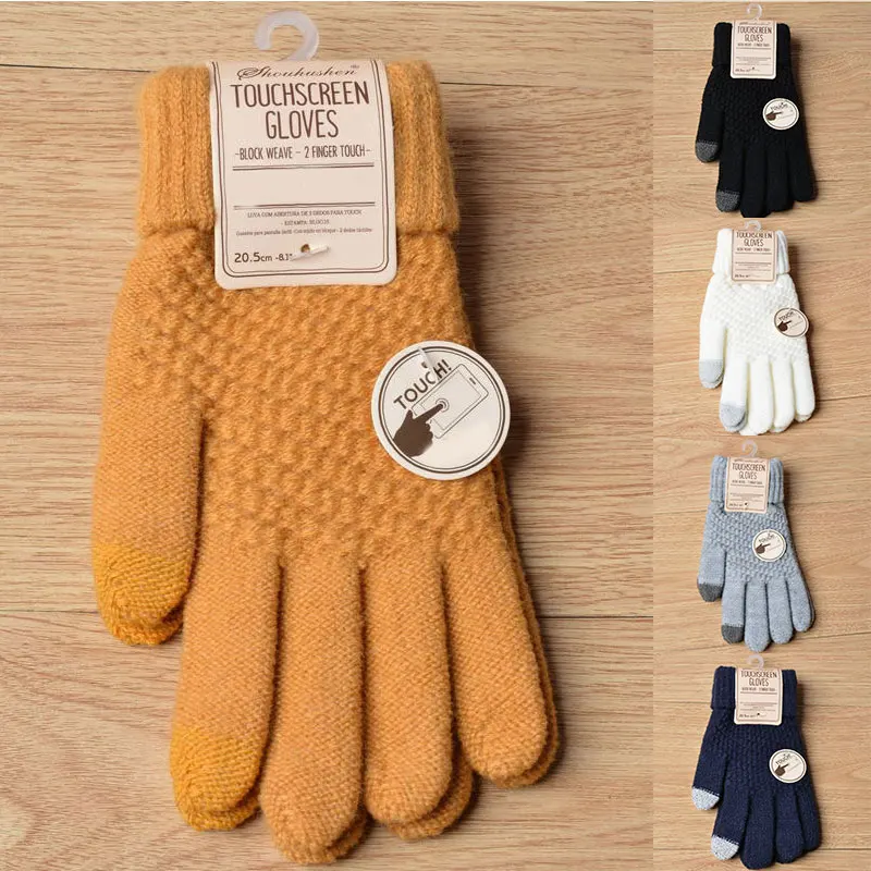 

Winter Knitting Touch Screen Gloves Imitation Wool Full Finger Mittens Solid Winter Women Gloves Thicken Crochet Phone Golves