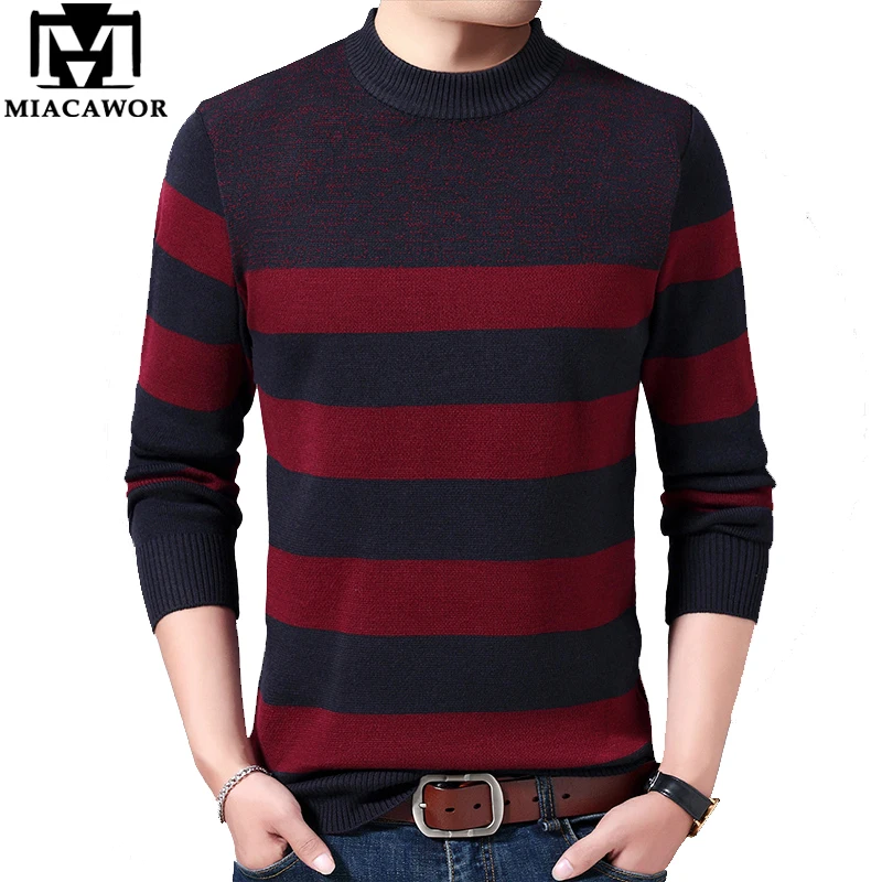 

MIACAWOR New Sweater Men Fashion Striped Pullover Men Winter Warm Sweaters Male Slim Fit Knitted Pull Homme Sueter Hombre Y190