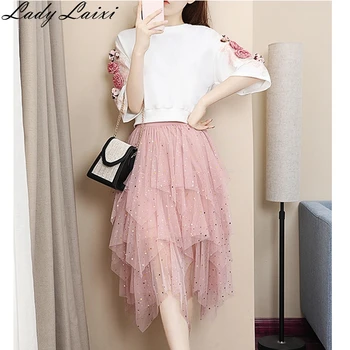 

2020 Summer 2piece suit Women Embroidery 3D Floral Tops+Sequined Irregular Mesh Cake Skirts Sets Clothes Suit
