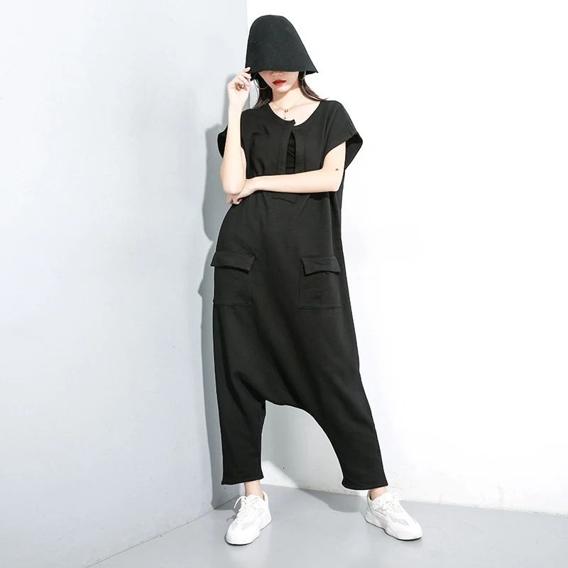 [EAM] Loose Fit Women Black Pocket Split Big Size Jumpsuit New High Waist Pocket Stitch Pants Fashion Spring Autumn 2020 1K031