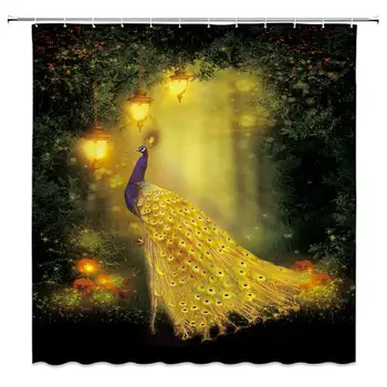 

Golden Peacock Shower Curtain Classical Noble Bathroom Curtain Decor Waterproof Machine Washable with Hooks 70x70Inches