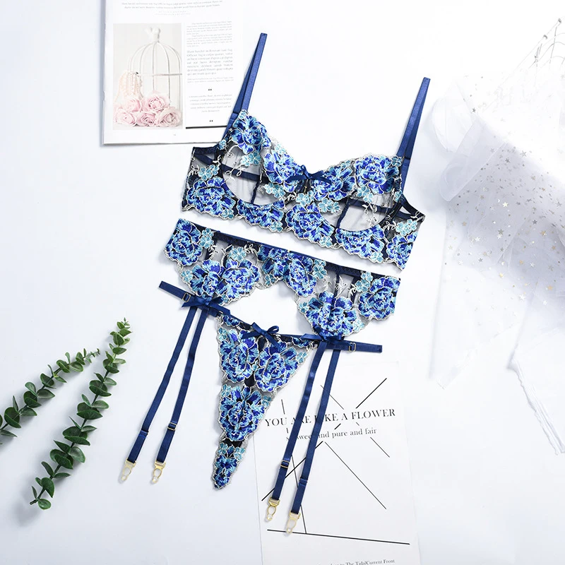 cheap bra and panty sets Ellolace Floral Lingerie Underwear 3 Piece Set Sexy Transparent Short Skin Care Kits Lace Underwire Bra and Thongs Brief Sets bra and knicker sets