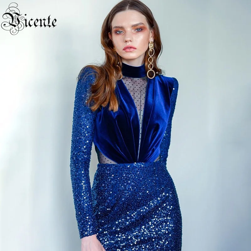 VC Бесплатная доставка 2020 женское синее бархатное платье в горошек с сеткой и