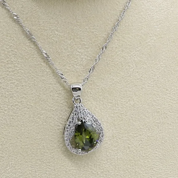 Оливковый зеленый Цирконий 925 пробы серебра набор украшений для женщин с браслет серьги ожерелье кулон кольцо подарок на день рождения - Окраска металла: Necklace Pendant