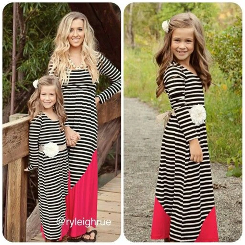 

Mother And Me Matching Clothing Long Elegant Dress For Women Girls Stripe Splicing Dresses For Mama And Daughter Family Costume