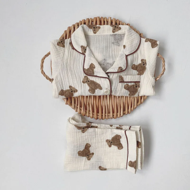 2 قطعة الخريف جديد بيجامات للأطفال الكورية طويلة الأكمام طباعة الدب سترة وسراويل القطن Musline غزل ملابس خاصة