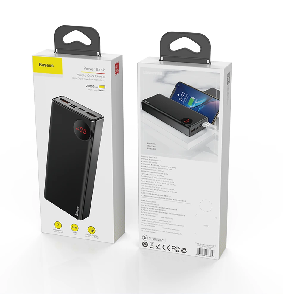 Baseus power Bank 20000 мАч PD Быстрая зарядка usb type C Быстрая зарядка 3,0 внешний аккумулятор для автомобиля Xiaomi iPhone samsung
