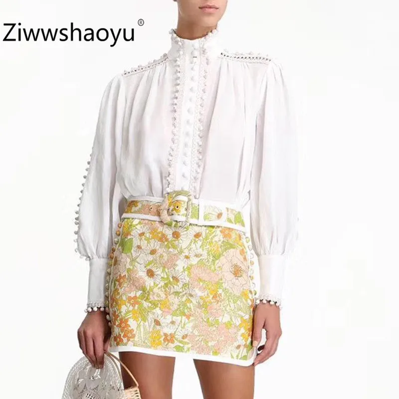 Ziwwshaoyu, новинка, весна-лето, хлопковый фонарь, рукав, однобортный, с вышивкой, высокое качество, белая блузка, рубашка для женщин