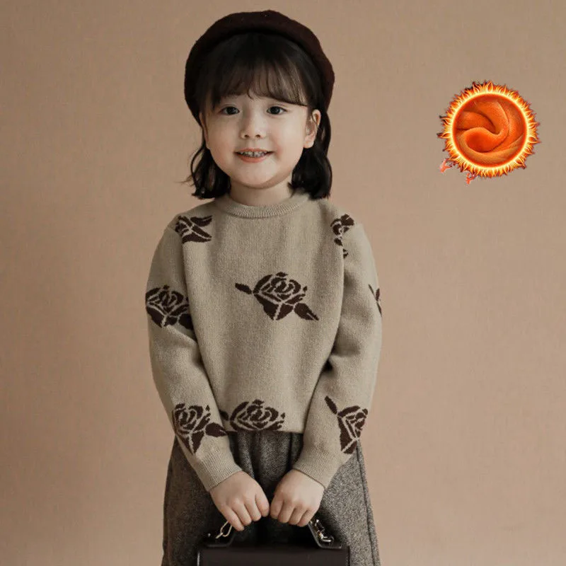 

2021 Girl Casual Hedging Sweater Children's Knitted Woolen Autumn/Winter Kids Cute Flower Warm Thicken Plus Velvet High Quality