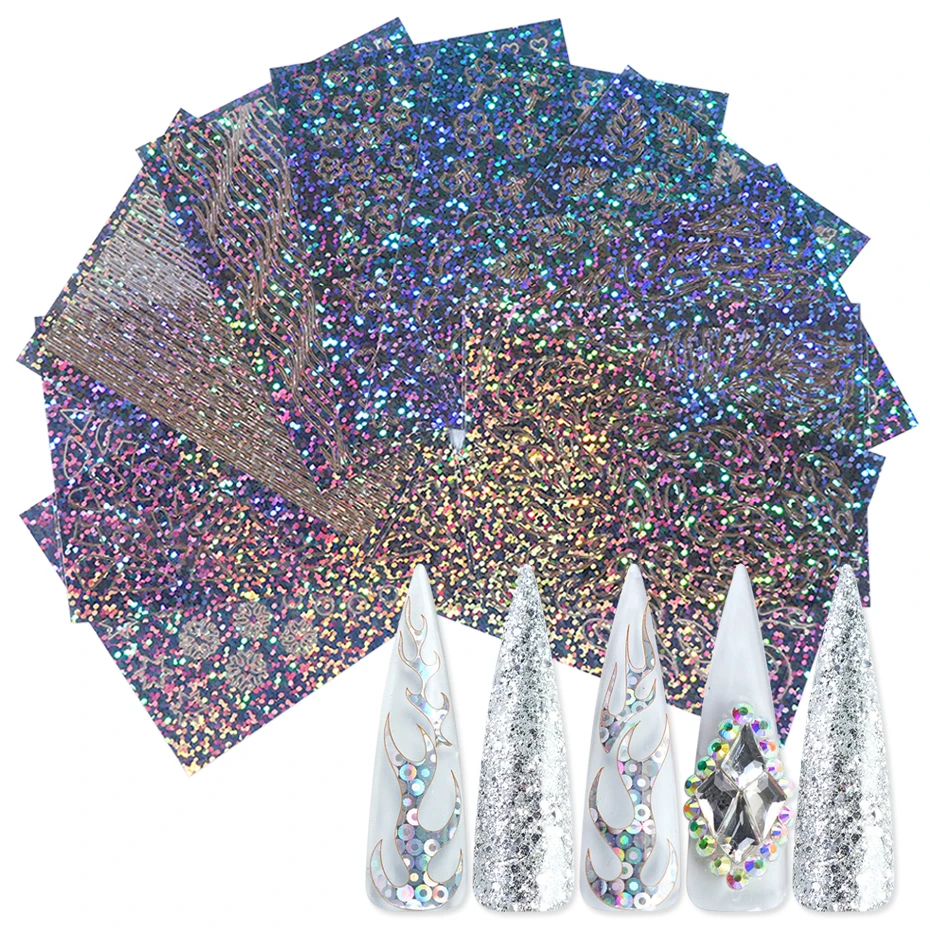 10pcs Holographic Nail Foil Flame Adhesive Nail Transfer Sticker 3D Colorful Laser Wraps Fire Design Nail Art Decoration TR1526